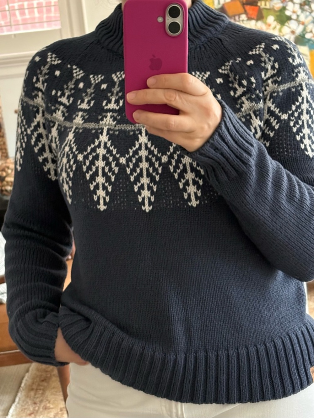 tentree Navy and White Fair Isle Mock Neck Sweater - Women